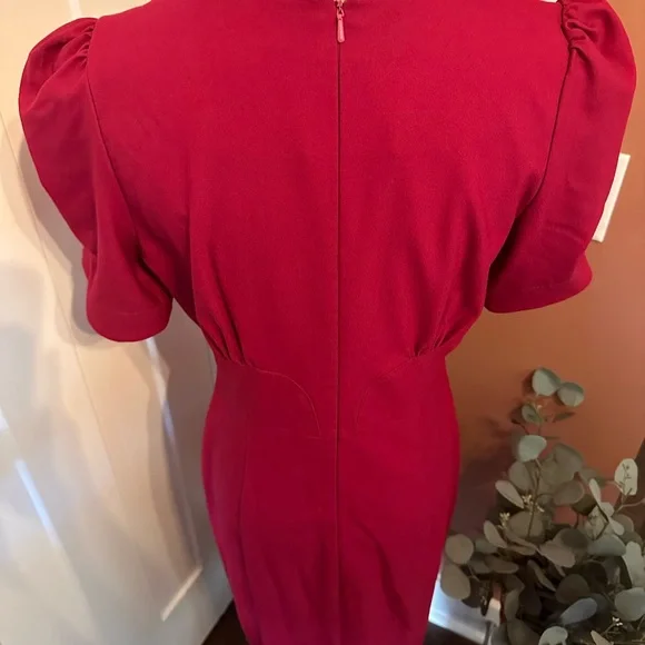 ASOS cranberry fitted puff sleeves back zipper back slit 8 midi pleats dress - Picture 8 of 14